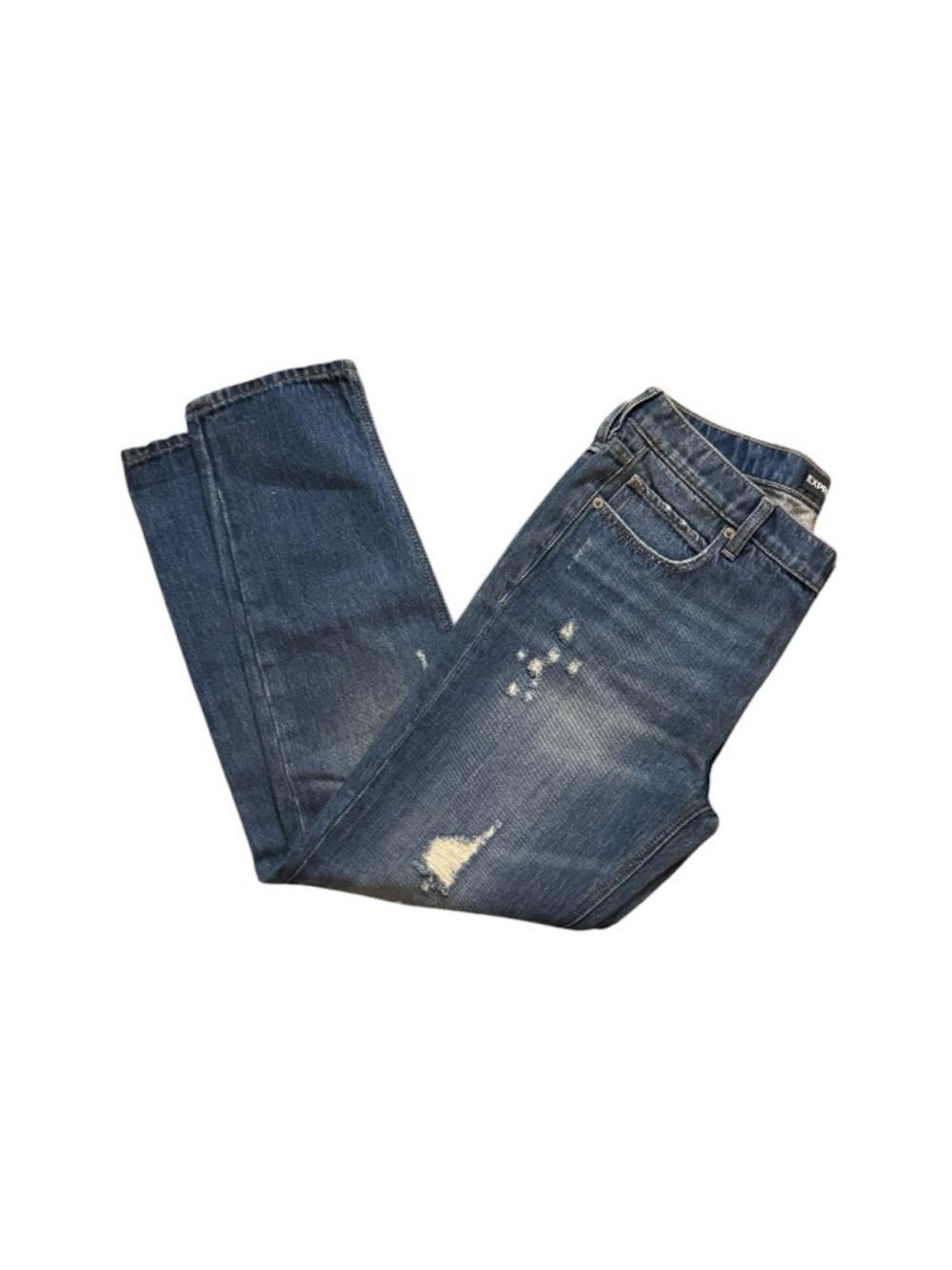 Express Women's Girlfriend Distressed Dark Blue Cropped Jeans - Picture 7 of 9